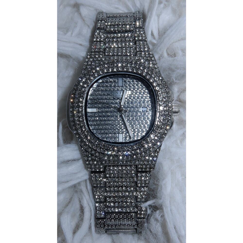 PINTIME Y2K Bling Rhinestone Watch Silver Tone Stainless Steel w/ Box